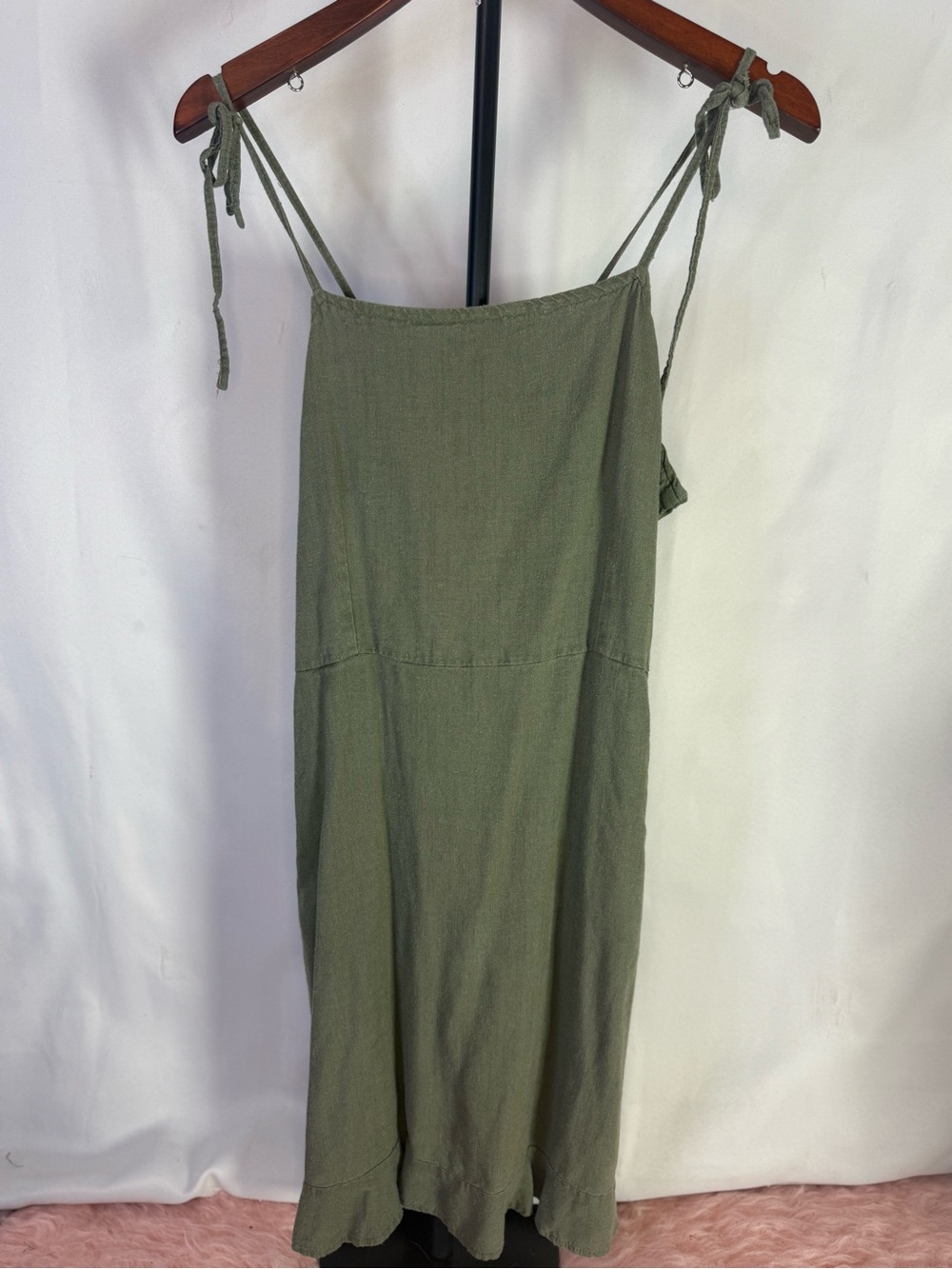 April Kiss Olive Green Tie-Shoulder Midi Dress With Pockets Size L